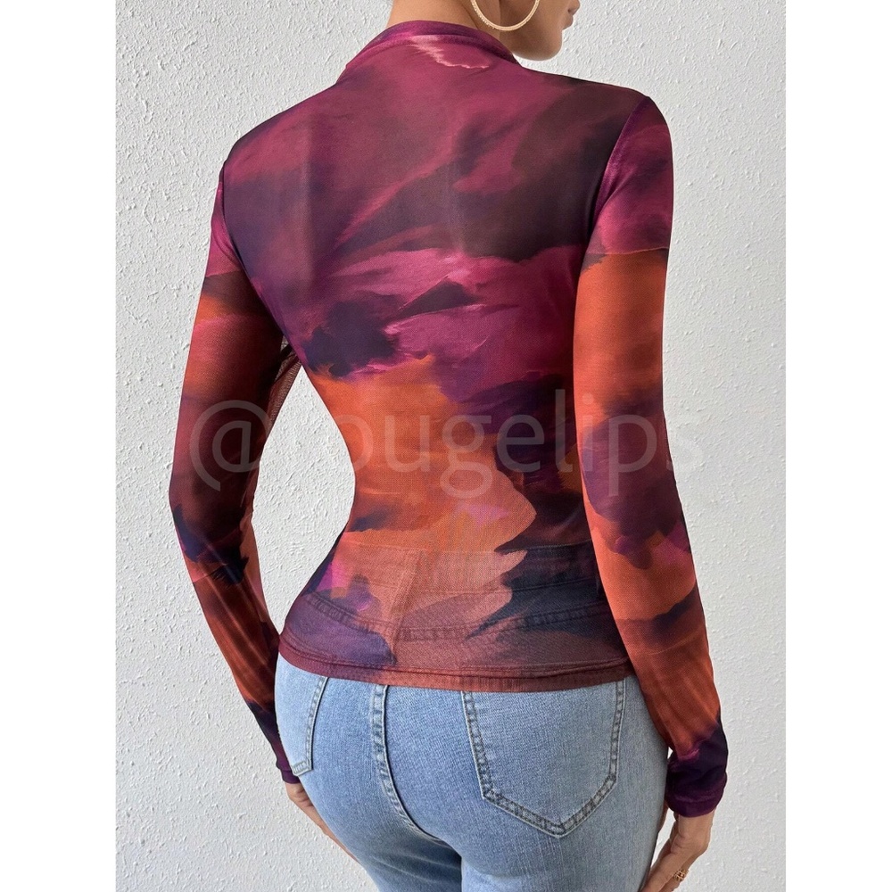 Multicolor Mesh Tie Dye Long Sleeve Sheer Shirt Slim Fit - Picture 4 of 6